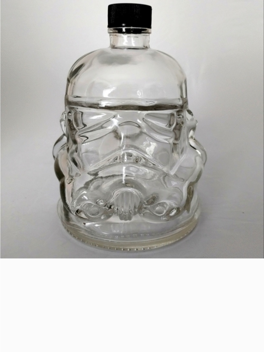 Clear Glass Stormtrooper Head Bottle with Black Screw Cap